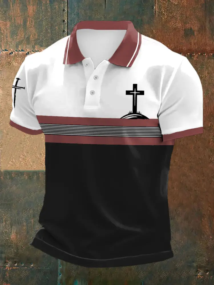 Men’s Cross Faith Stripes Print Casual Polo Red / S