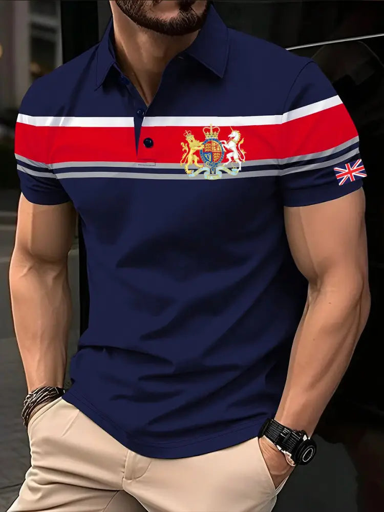 Men’s Elizabeth II Royal Coat of Arms Emblem Stripes Print Casual Short Sleeve Top