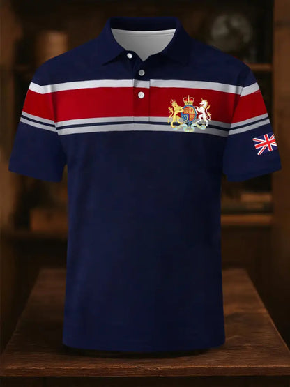 Men’s Elizabeth II Royal Coat of Arms Emblem Stripes Print Casual Short Sleeve Top Dark Blue / S