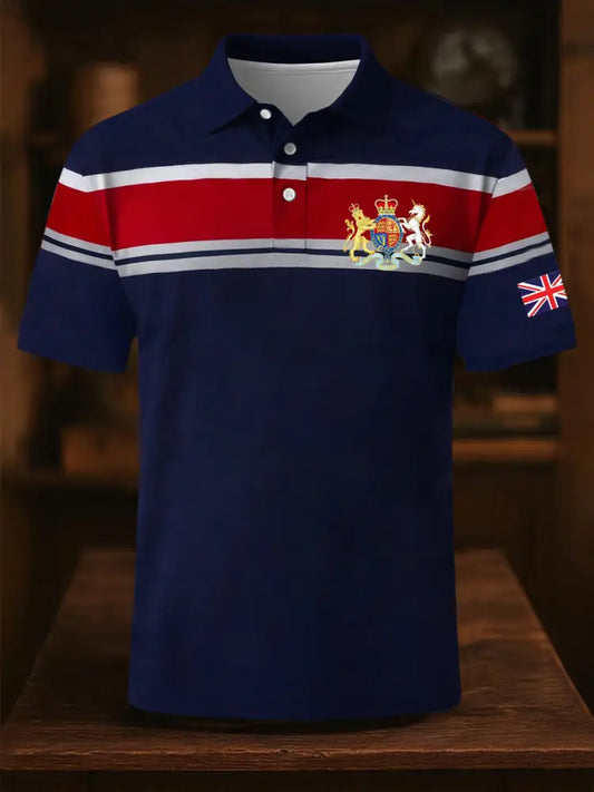 Men’s Elizabeth II Royal Coat of Arms Emblem Stripes Print Casual Short Sleeve Top Dark Blue / S
