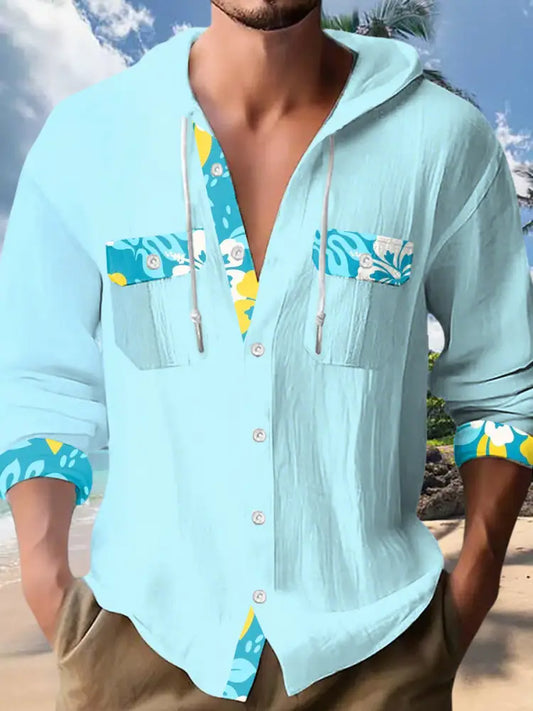 Men’s Hawaiian Casual Long Sleeve Hooded Shirt Blue-Green / S Men’s Clothing