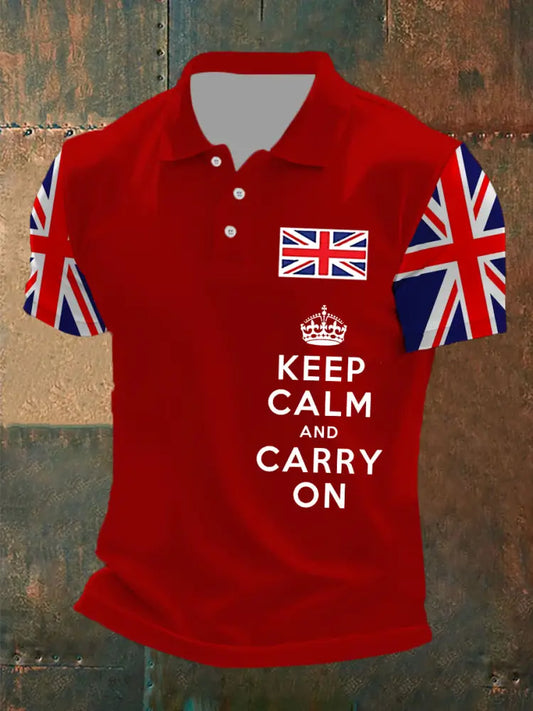Men’s Keep Calm and Carry On UK Flag Printed Casual POLO T-shirt Red / S
