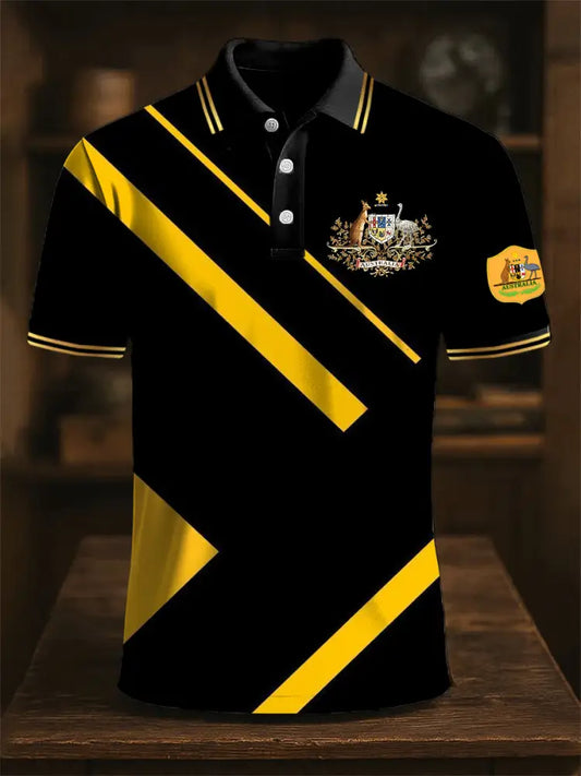 Men’s Striped Australian Kangaroo and Emu Emblem Print Casual Cotton Polo Shirt Colorful / S