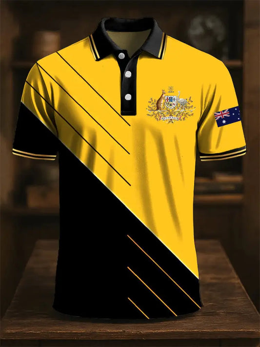 Men’s Striped Australian Kangaroo and Emu Emblem Print Casual Cotton Polo Shirt Colorful / S