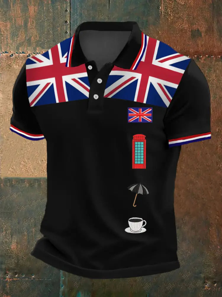 Men’s UK Flag Print Casual Polo Black / S