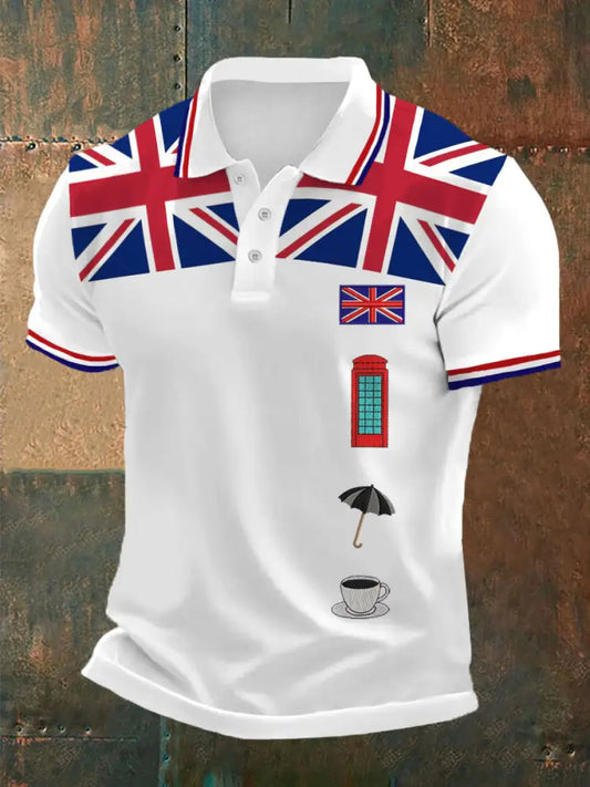 Men’s UK Flag Print Casual Polo White / S