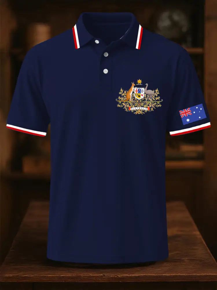 Men’s Vintage Australia Flag Coat of Arms Kangaroo Emu Printed Casual Cotton Short Sleeve Polo Shirt Black / S