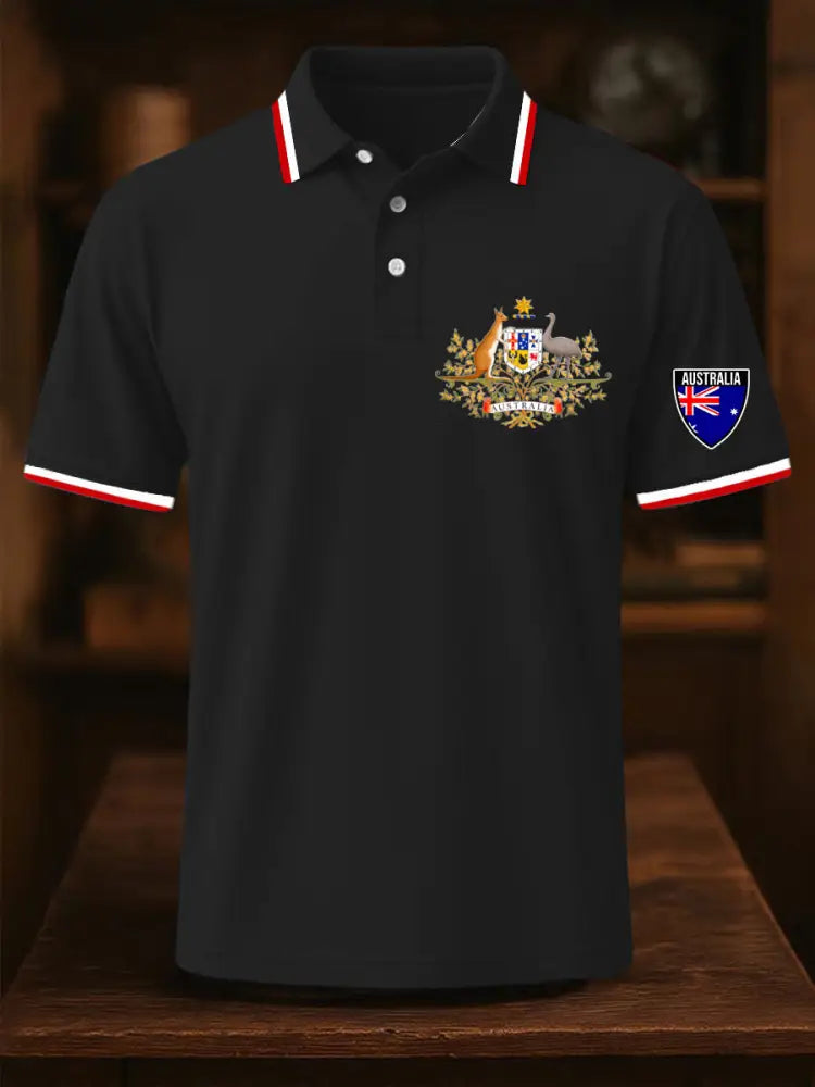 Men’s Vintage Australia Flag Coat of Arms Kangaroo Emu Printed Casual Cotton Short Sleeve Polo Shirt Black / S