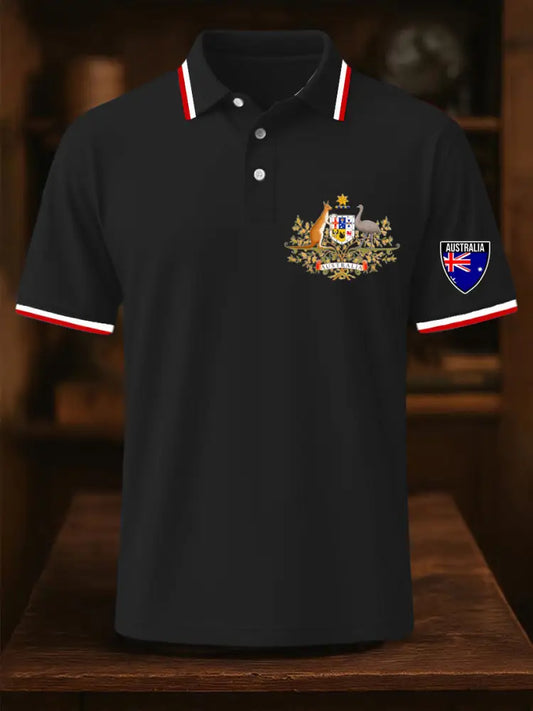 Men’s Vintage Australia Flag Coat of Arms Kangaroo Emu Printed Casual Cotton Short Sleeve Polo Shirt Black / S