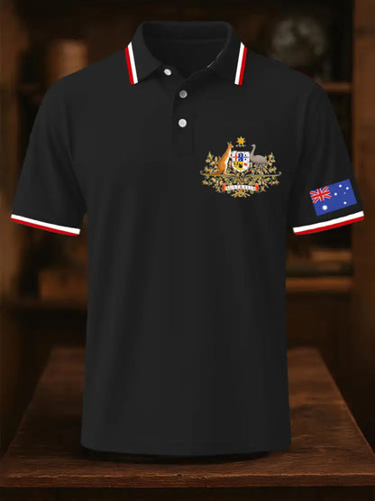 Men’s Vintage Australia Flag Coat of Arms Kangaroo Emu Printed Casual Cotton Short Sleeve Polo Shirt Dark Blue / S