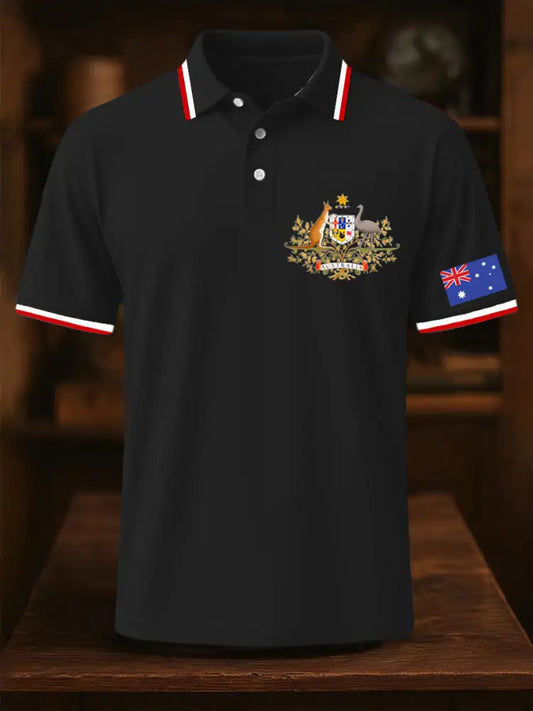 Men’s Vintage Australia Flag Coat of Arms Kangaroo Emu Printed Casual Cotton Short Sleeve Polo Shirt Dark Blue / S