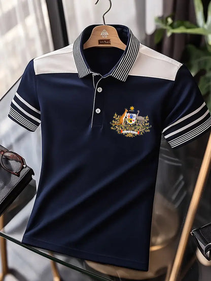 Men’s Vintage Australia Flag Coat of Arms Kangaroo Emu Printed Casual Cotton Short Sleeve Polo Shirt Dark Blue / S
