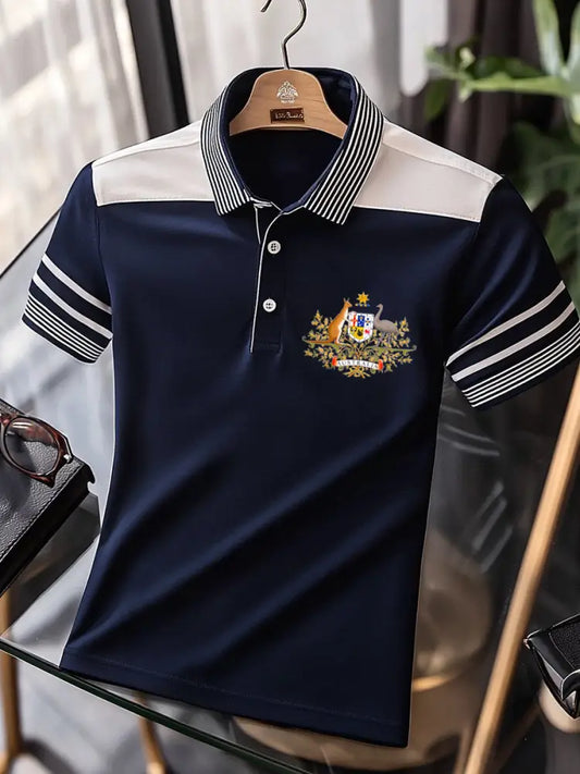 Men’s Vintage Australia Flag Coat of Arms Kangaroo Emu Printed Casual Cotton Short Sleeve Polo Shirt Dark Blue / S