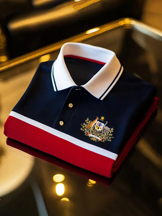 Men’s Vintage Australia Flag Coat of Arms Kangaroo Emu Printed Casual Cotton Short Sleeve Polo Shirt Dark Blue / S