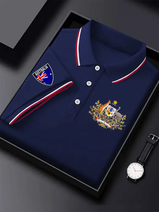 Men’s Vintage Australia Flag Coat of Arms Kangaroo Emu Printed Casual Cotton Short Sleeve Polo Shirt Dark Blue / S