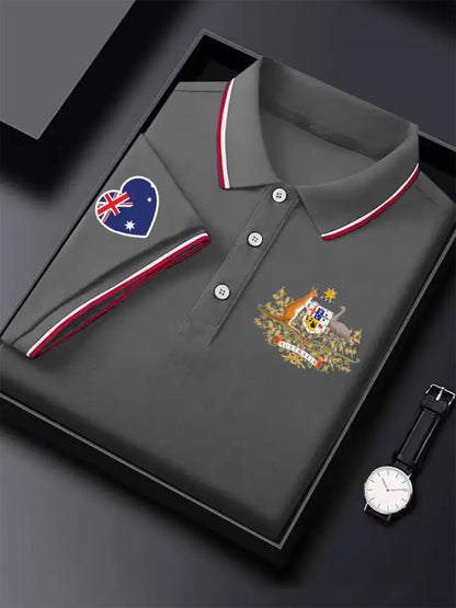 Men’s Vintage Australia Flag Coat of Arms Kangaroo Emu Printed Casual Cotton Short Sleeve Polo Shirt Gray / S