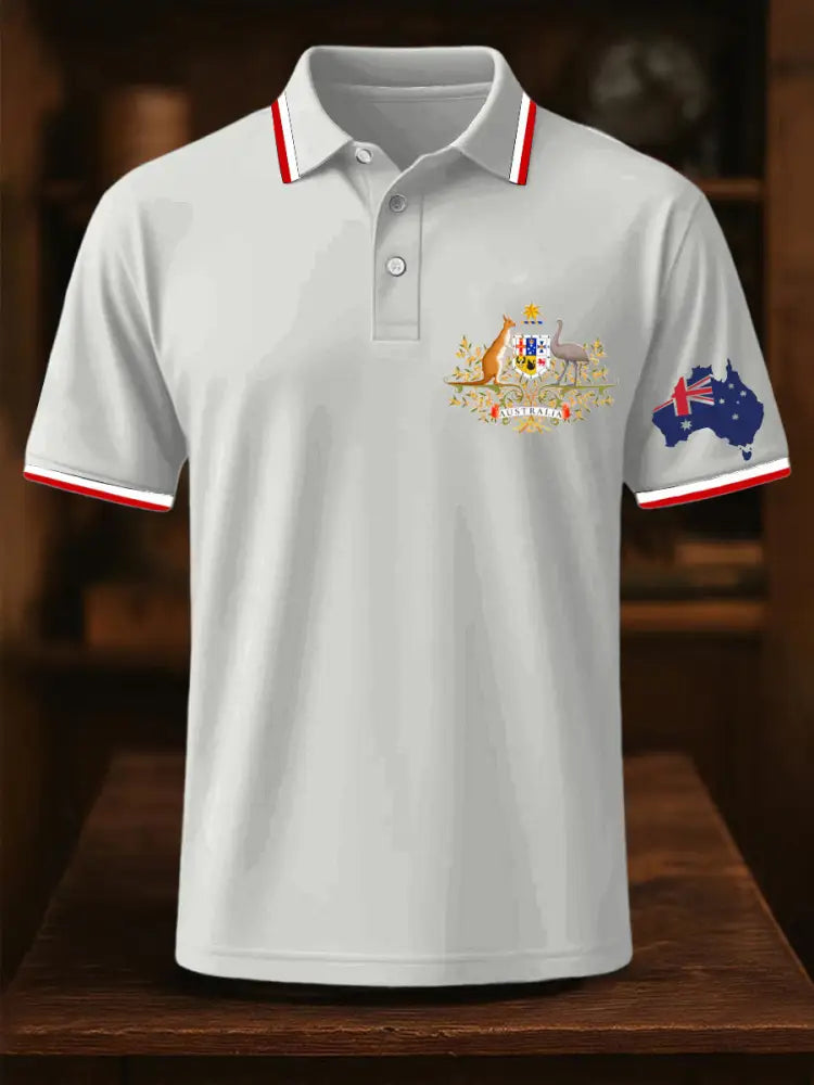 Men’s Vintage Australia Flag Coat of Arms Kangaroo Emu Printed Casual Cotton Short Sleeve Polo Shirt White / S
