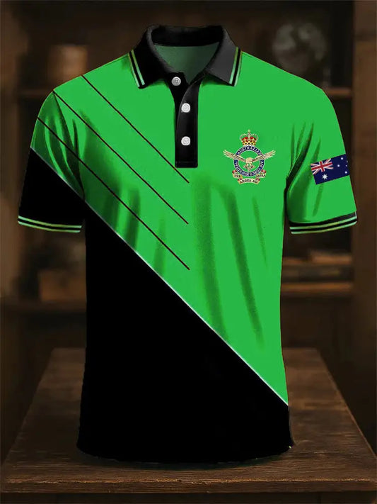 Men’s Vintage Australia Flag Coat of Arms Line Colour Block Printed Casual Cotton Short Sleeve Polo Shirt Green / S