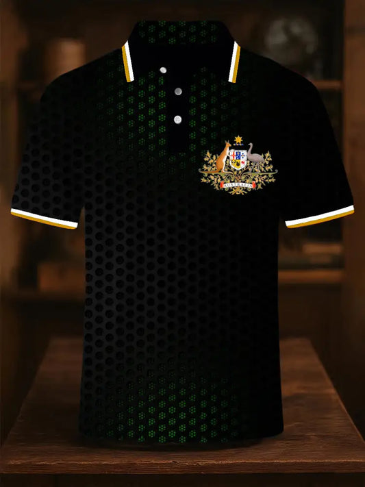 Men’s Vintage Australia Flag Coat of Arms Polka Dot Gradient Printed Casual Cotton Short Sleeve Polo Shirt Black / S