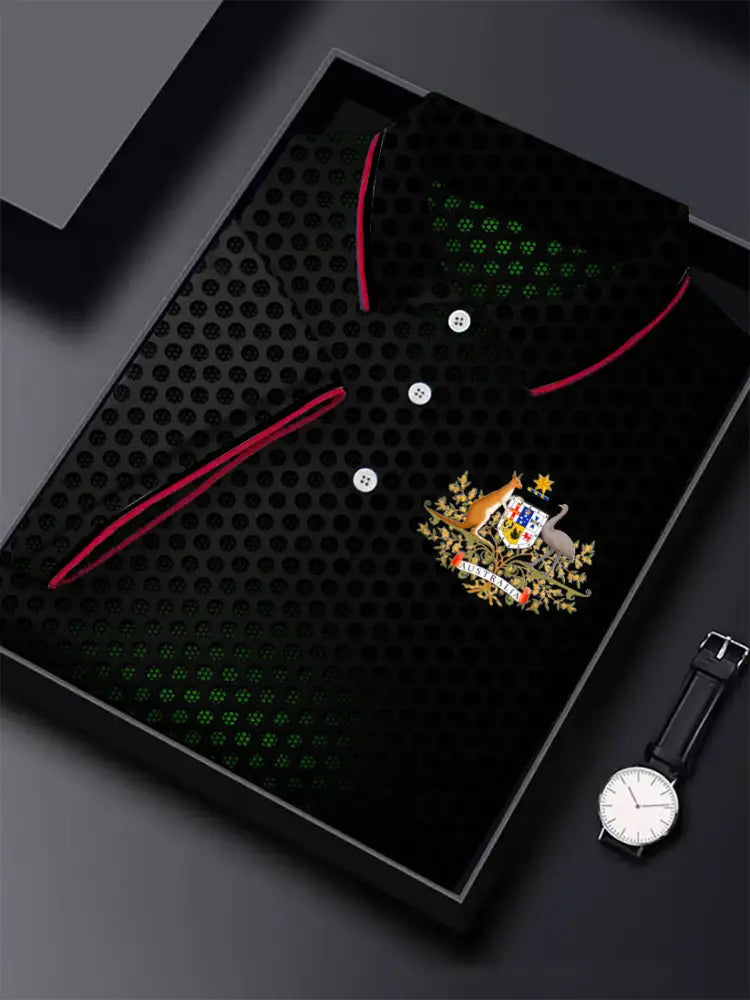 Men’s Vintage Australia Flag Coat of Arms Polka Dot Gradient Printed Casual Cotton Short Sleeve Polo Shirt Black / S