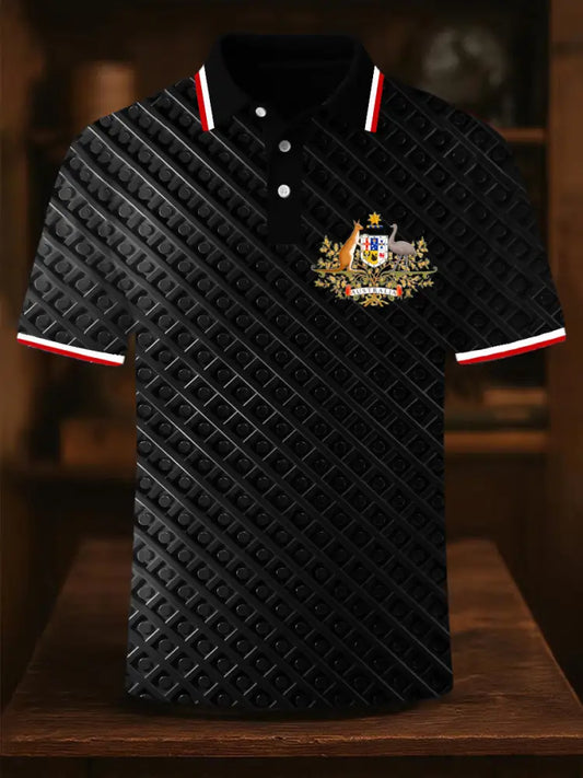 Men’s Vintage Australia Flag Coat of Arms Polka Dot Gradient Printed Casual Cotton Short Sleeve Polo Shirt Gray / S