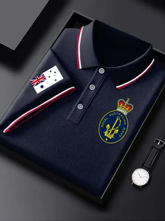 Men’s Vintage Australia Flag Navy Emblem Printed Business Daily Short Sleeve Polo Shirt Colorful / S