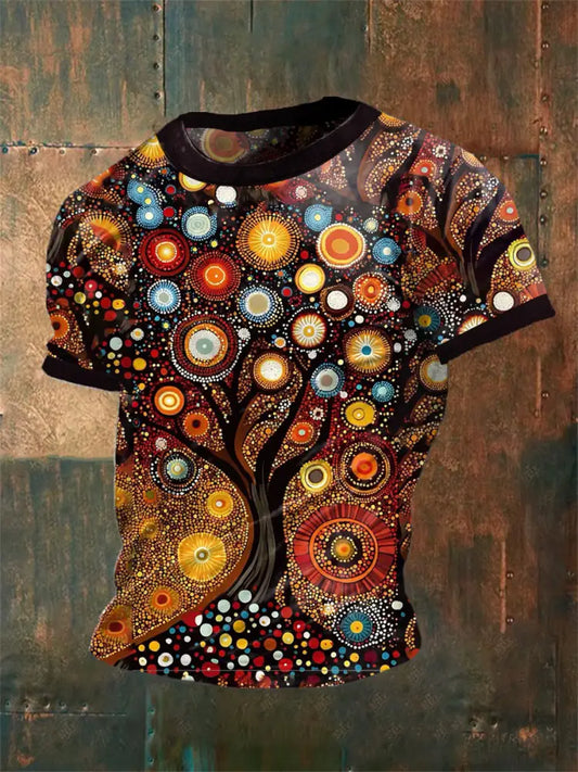 Men’s Vintage Australian Dot Painting Aboriginal Dreamtime Abstract Print Casual Cotton Short Sleeve T-Shirt Brown / S