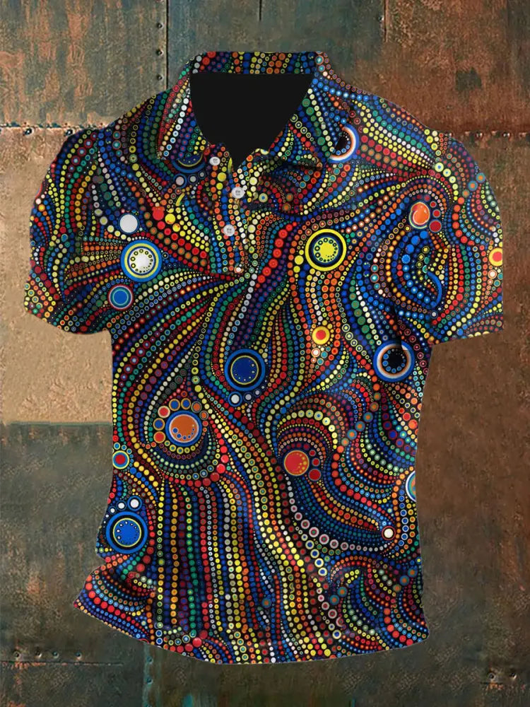 Men’s Vintage Australian Dot Painting Colourful Printed Casual Cotton Short Sleeve Polo Shirt As picture / S