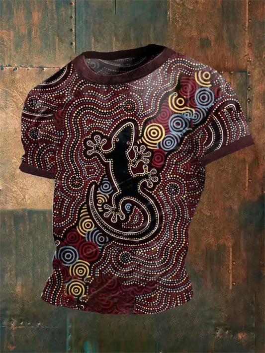 Men’s Vintage Australian Dot Painting Gecko Abstract Print Casual Cotton Short Sleeve T-Shirt Wine Red / S