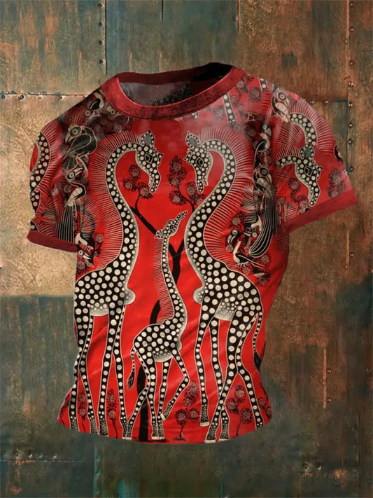 Men’s Vintage Australian Dot Painting Giraffe Abstract Print Casual Cotton Short Sleeve T-Shirt Red / S