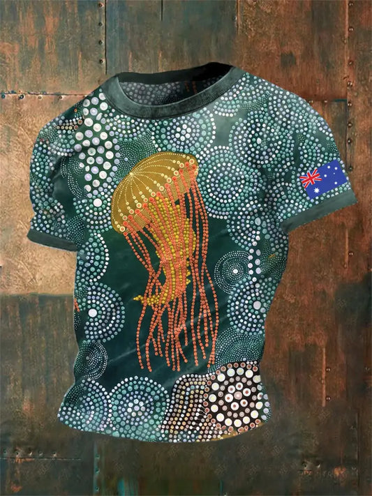 Men’s Vintage Australian Dot Painting Jellyfish Abstract Print Casual Cotton Short Sleeve T-Shirt Green / S