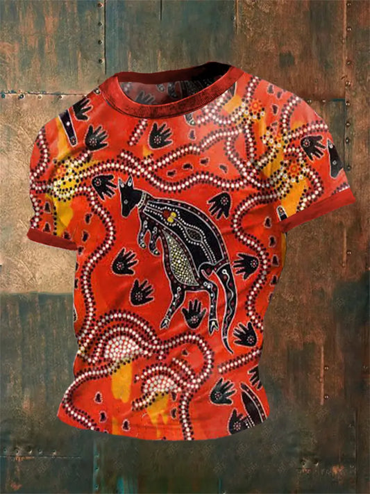 Men’s Vintage Australian Dot Painting Kangaroo Abstract Print Casual Cotton Short Sleeve T-Shirt Orange / S