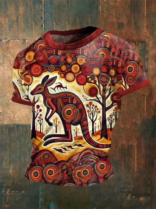 Men’s Vintage Australian Dot Painting Kangaroo Abstract Print Casual Cotton Short Sleeve T-Shirt Red / S