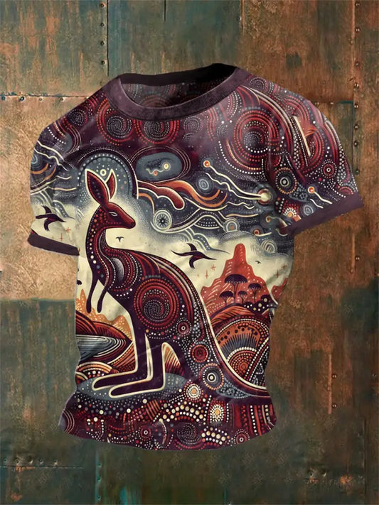 Men’s Vintage Australian Dot Painting Kangaroo Abstract Print Casual Cotton Short Sleeve T-Shirt Wine Red / S