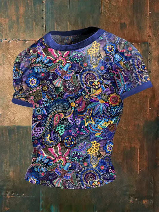 Men’s Vintage Australian Dot Painting Kangaroo Animal Quilt Abstract Print Casual Cotton Short Sleeve T-Shirt Navy Blue