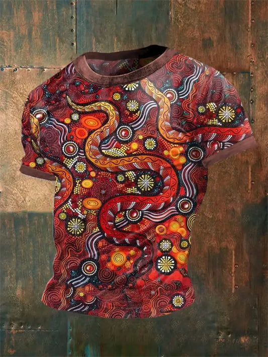 Men’s Vintage Australian Dot Painting Snake Colourful Abstract Print Casual Cotton Short Sleeve T-Shirt Red / S