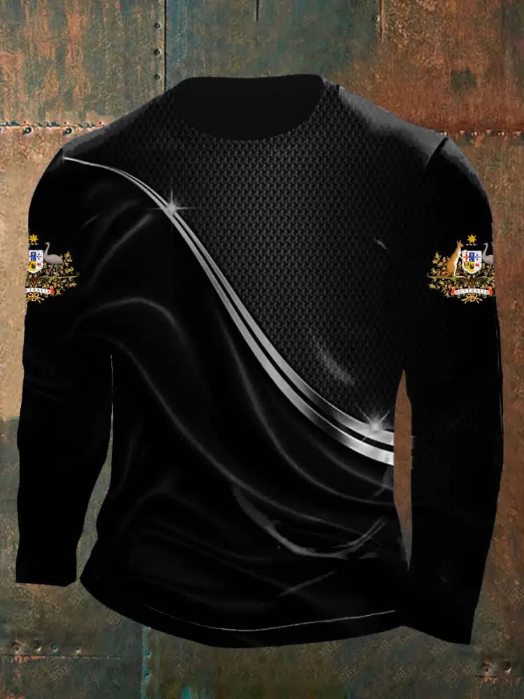Men’s Vintage Australian Flag Badge Lines Abstract Print Casual Cotton Long Sleeve T-Shirt Black / S