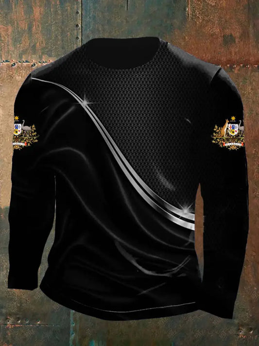 Men’s Vintage Australian Flag Badge Lines Abstract Print Casual Cotton Long Sleeve T-Shirt Black / S