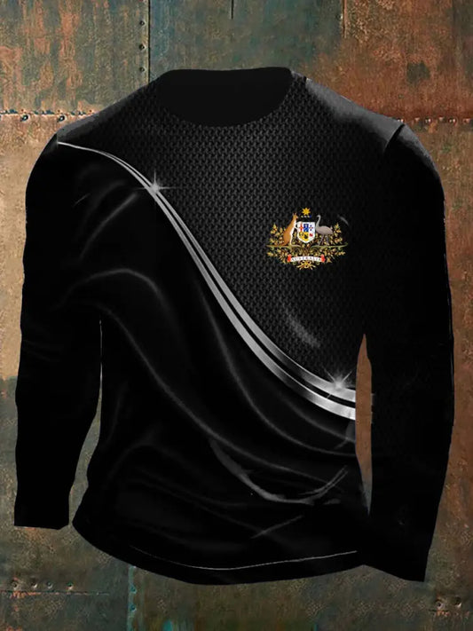 Men’s Vintage Australian Flag Badge Lines Abstract Print Casual Cotton Long Sleeve T-Shirt Black / S