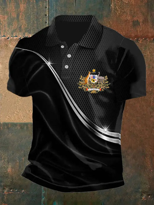 Men’s Vintage Australian Flag Badge Lines Printed Casual Cotton Short Sleeve Polo Shirt Black / S