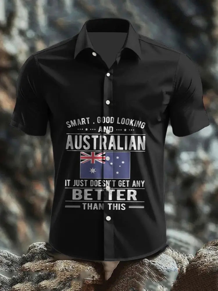 Men’s Vintage Australian Flag Badge Print Casual Cotton Short Sleeve Shirt Black / S