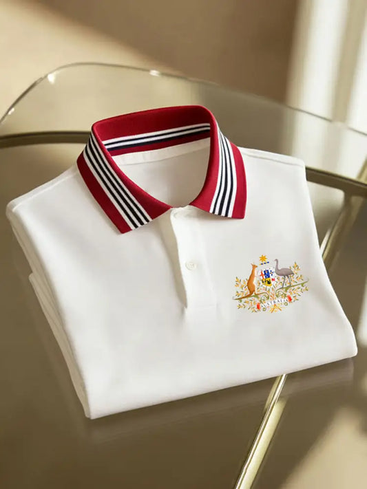 Men’s Vintage Australian Flag Badge Printed Casual Cotton Short Sleeve Polo Shirt Red / S