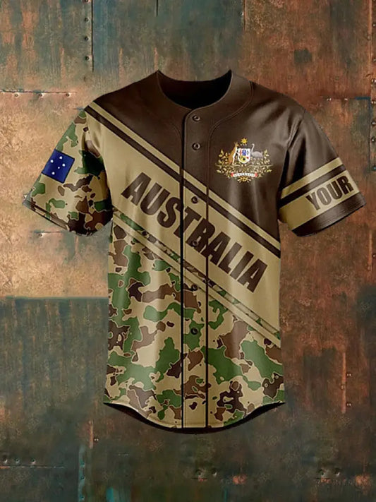 Men’s Vintage Australian Flag Camouflage Patchwork Print Casual Cotton Short Sleeve Shirt Baseball Jersey Green / S