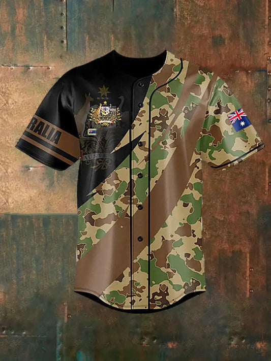 Men’s Vintage Australian Flag Camouflage Patchwork Print Casual Cotton Short Sleeve Shirt Baseball Jersey Green / S
