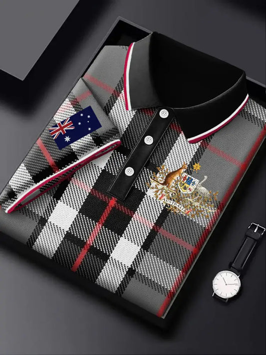Men’s Vintage Australian Flag Check Printed Casual Business Polo Shirt Colorful / S