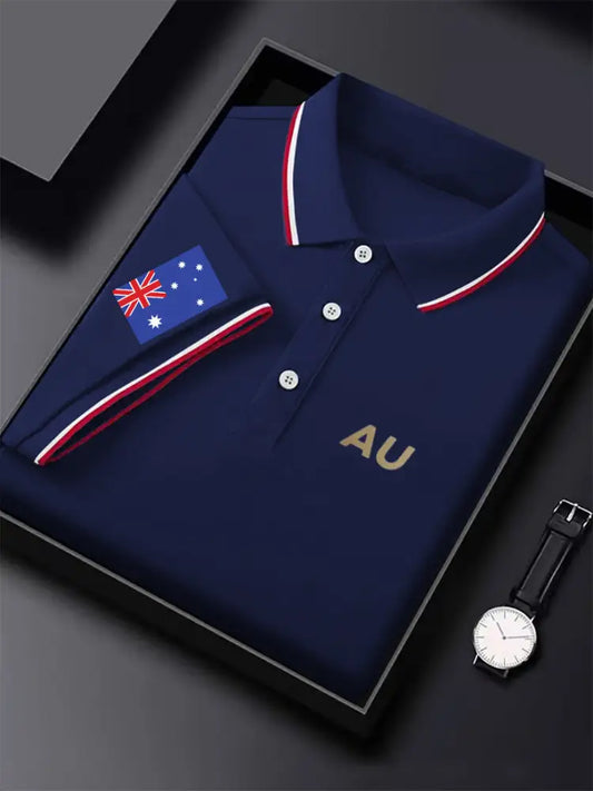 Men’s Vintage Australian Flag Coat of Arms AU Printed Casual Cotton Short Sleeve Polo Shirt Dark Blue / S