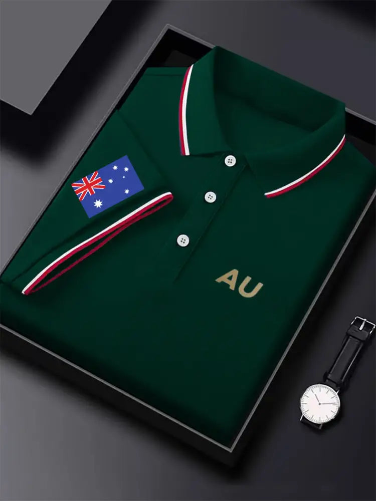 Men’s Vintage Australian Flag Coat of Arms AU Printed Casual Cotton Short Sleeve Polo Shirt Green / S