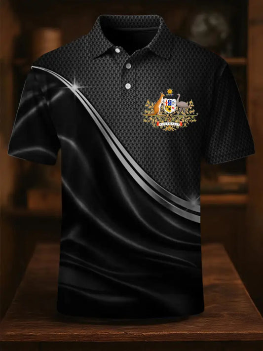 Men’s Vintage Australian Flag Coat of Arms Lines Printed Casual Cotton Short Sleeve Polo Shirt Black / S