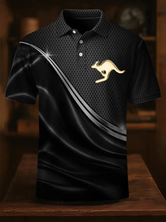 Men’s Vintage Australian Flag Coat of Arms Lines Printed Casual Cotton Short Sleeve Polo Shirt Black / S