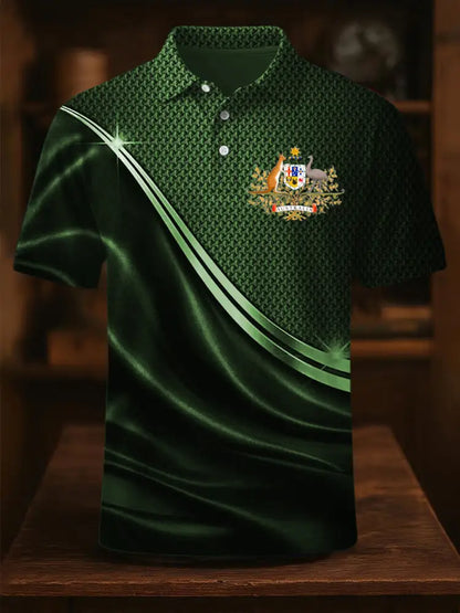 Men’s Vintage Australian Flag Coat of Arms Lines Printed Casual Cotton Short Sleeve Polo Shirt Green / S